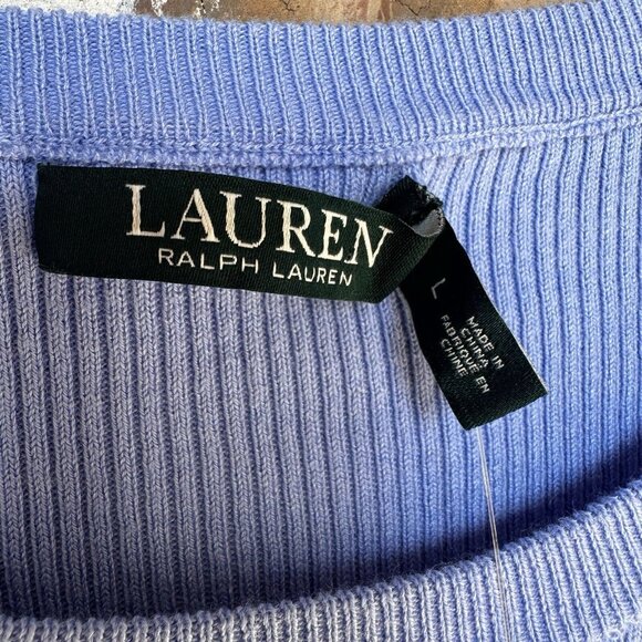 NWT Lauren Ralph Lauren Sweater Sz L Light Blue Ribbed Knit Gold Tone Button - Picture 6 of 12